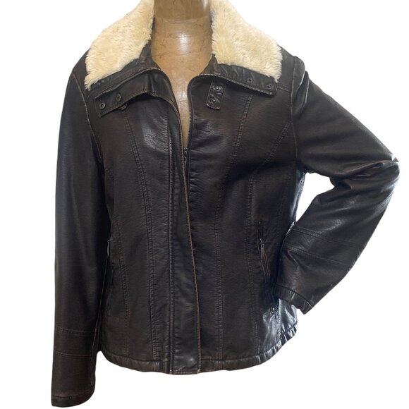 a.n.a Faux Leather Aviator Jacket Faux Fur Lining & Collar Sz XL Brown #178K - Picture 2 of 11